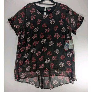 Vince Camuto Sheer Black Pink Floral Tunic Blouse Sparkle Dots Short Sleeve NWT